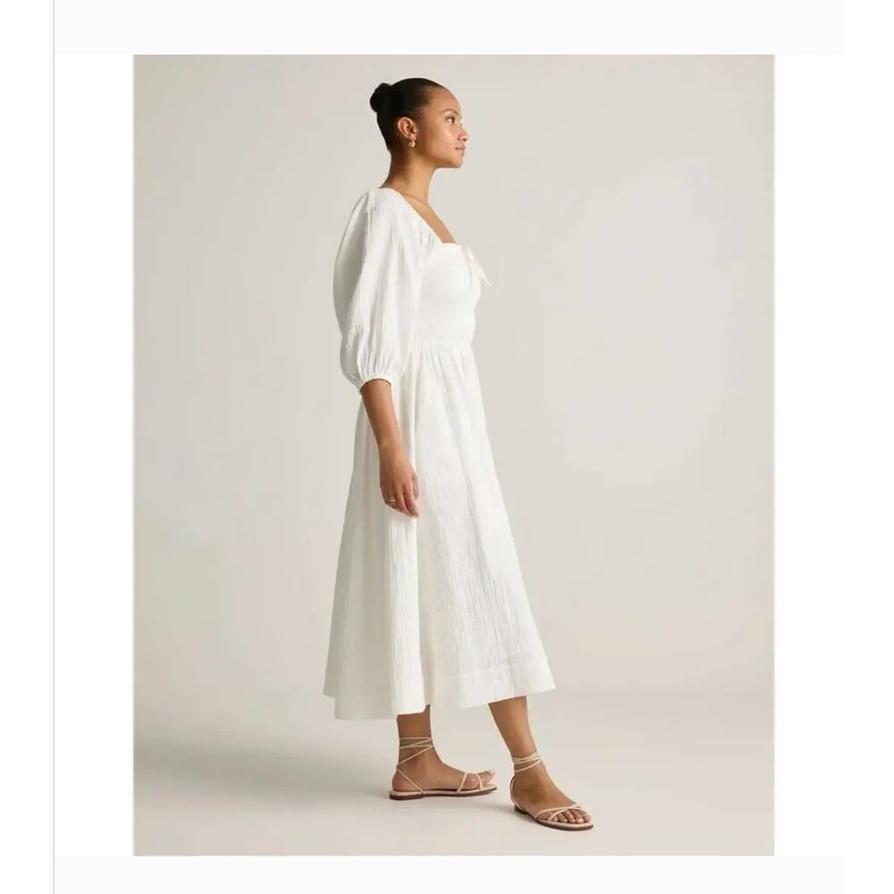 Quince Smocked Square Neck Midi Dress S NWT White 100% Organic Cotton Gauze - Picture 3 of 5
